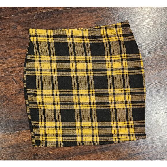 Plaid Skirt Yellow Black Elastic Waist Sz L Adara Clueless Y2K Preppy Grunge - Picture 2 of 5
